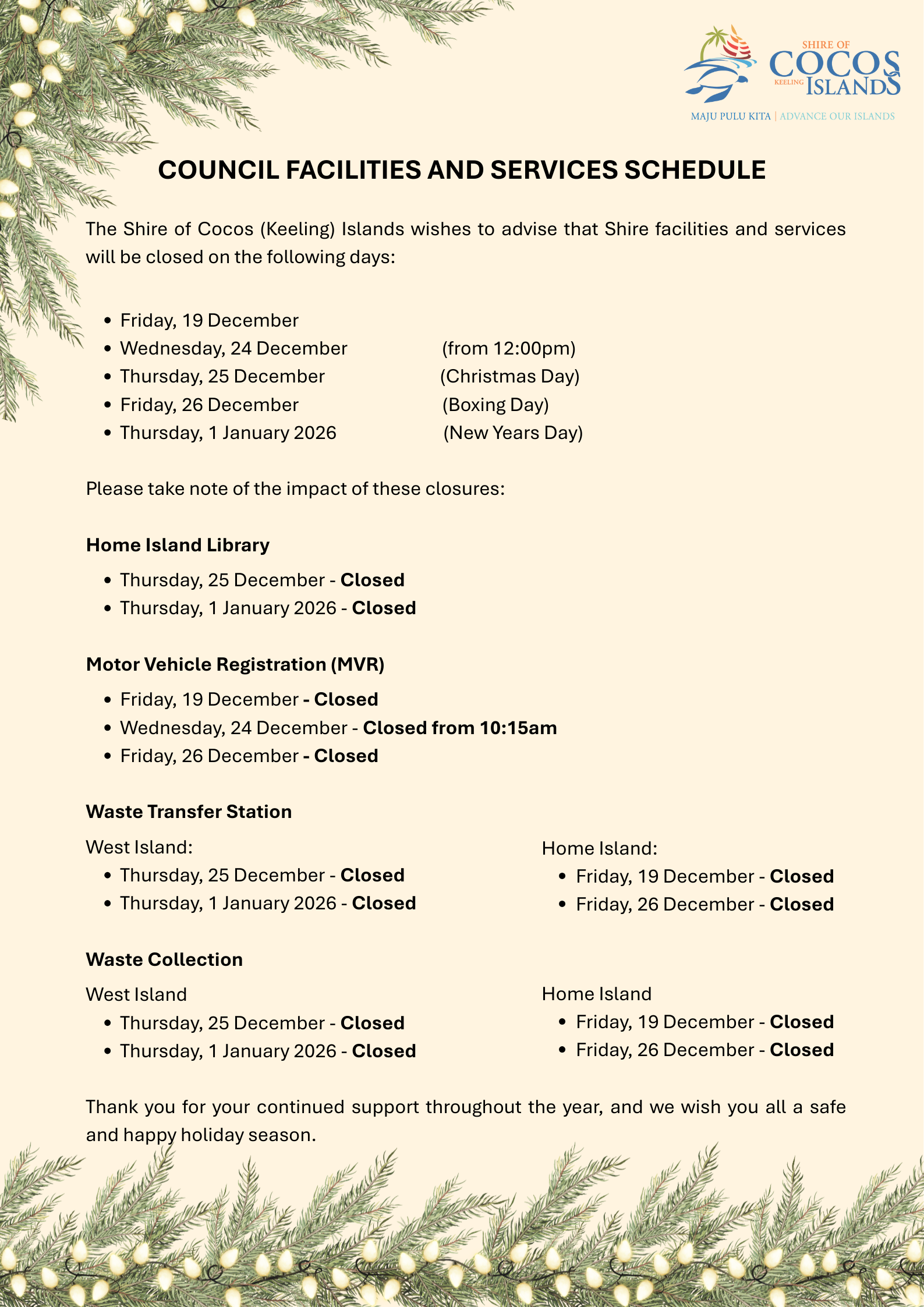 Christmas and New Year Shire Services Schedule