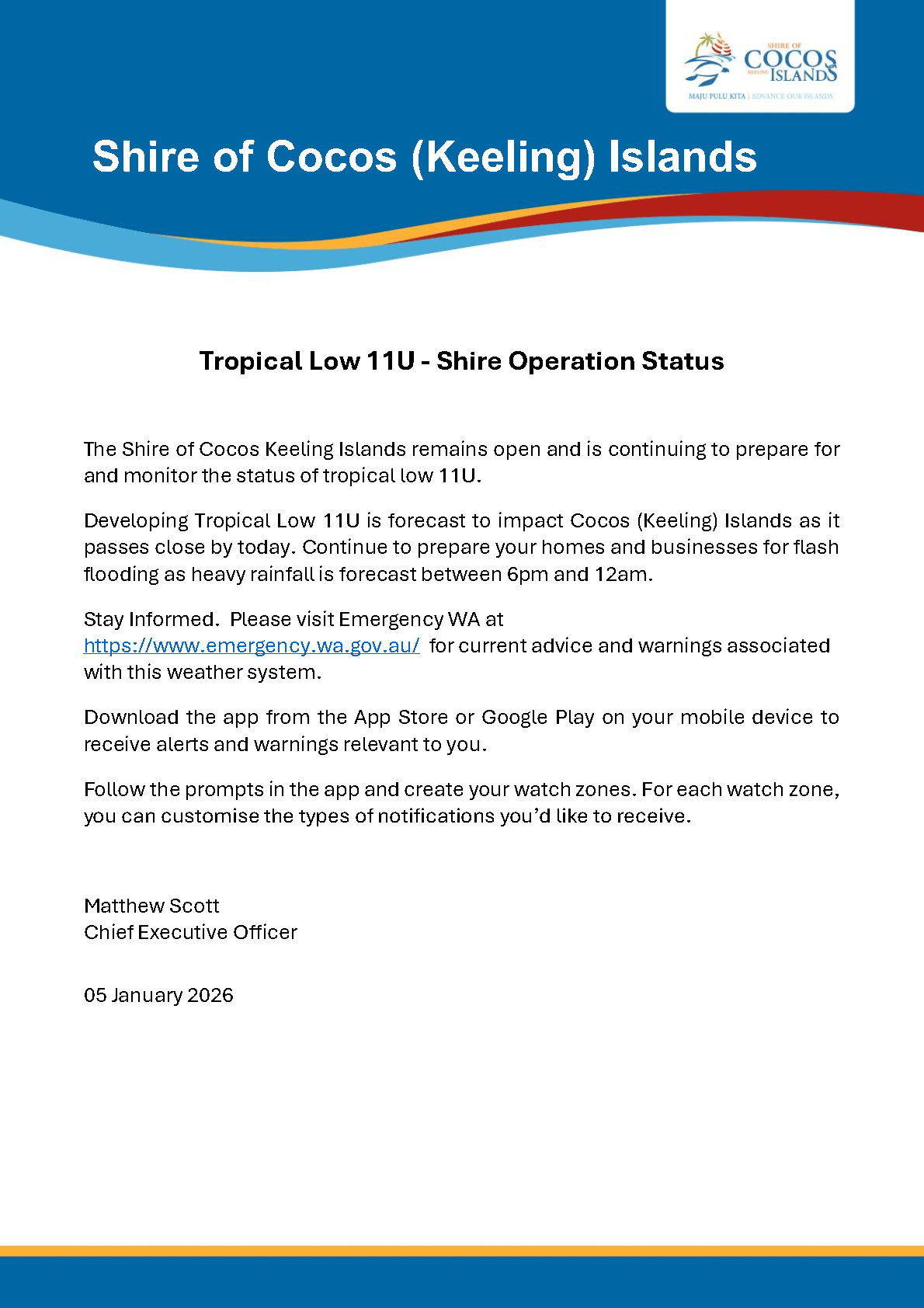 Tropical Low 11U Shire Operation Status