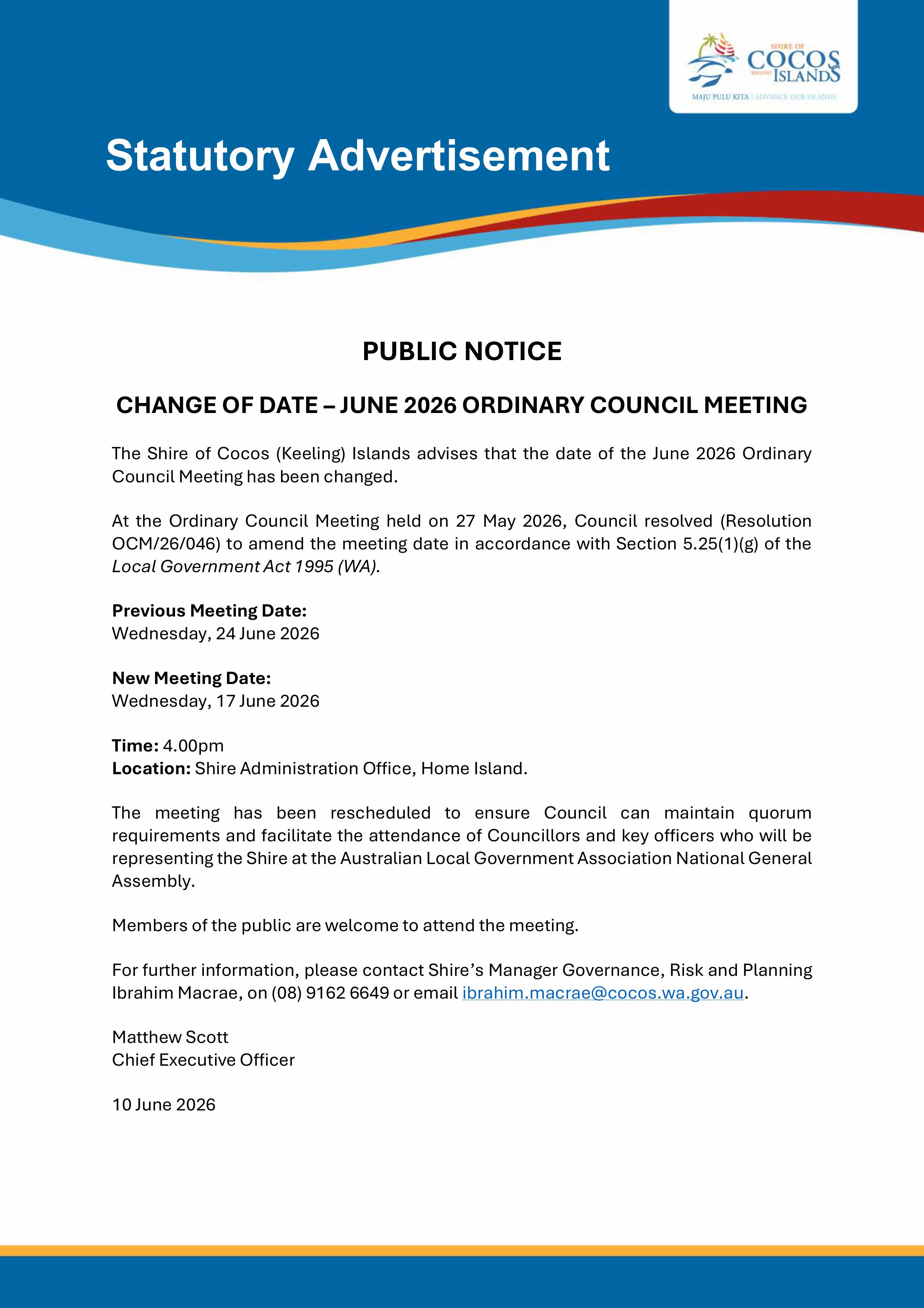 Public Notice Change of June 2026 Council Meeting Date