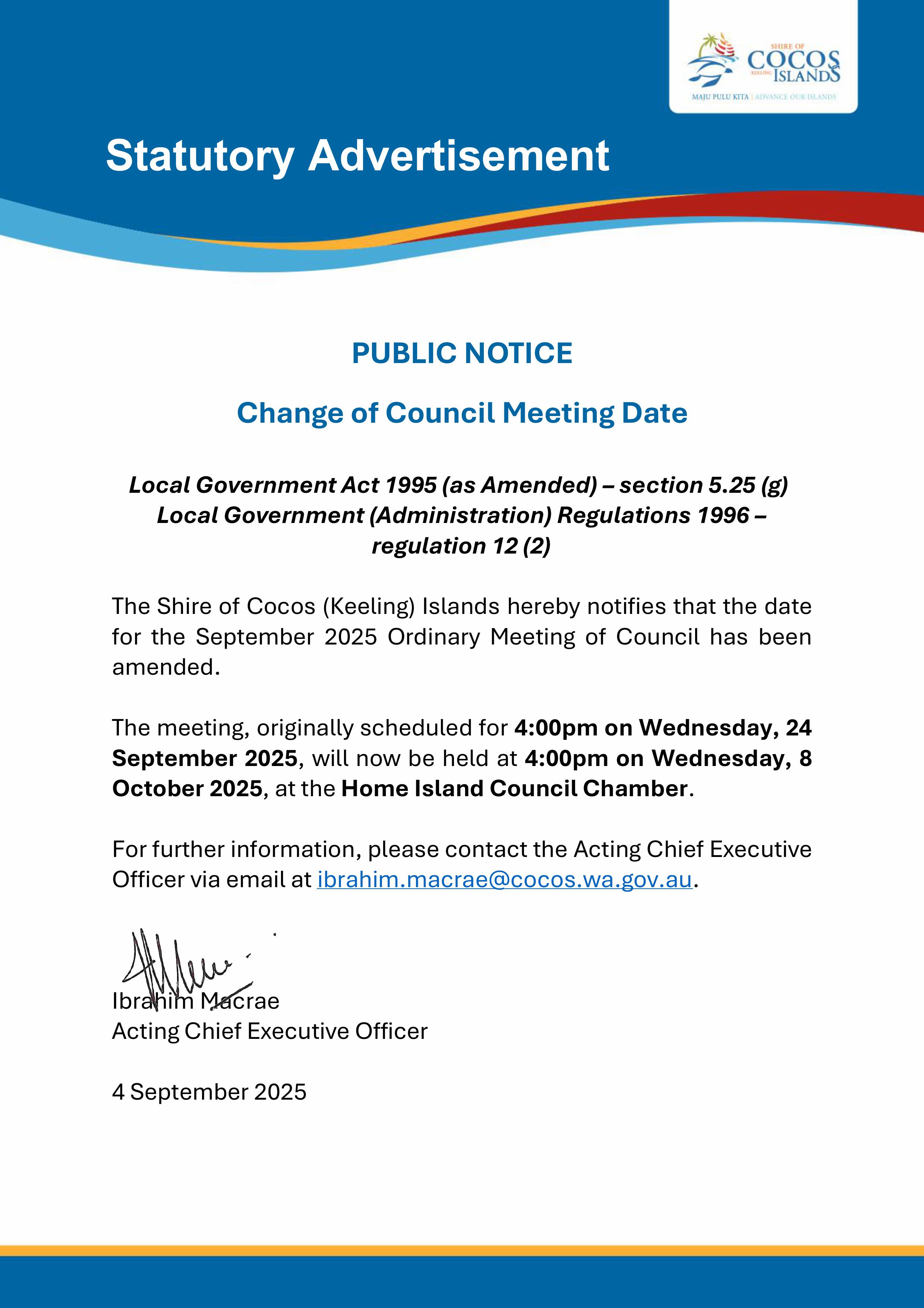 Public Notice Change of September 2025 Council Meeting Date